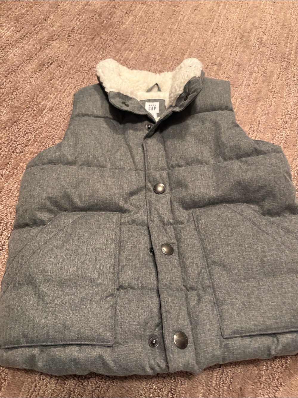 GAP Kids Heather Gray Puffer Vest with Sherpa Trim